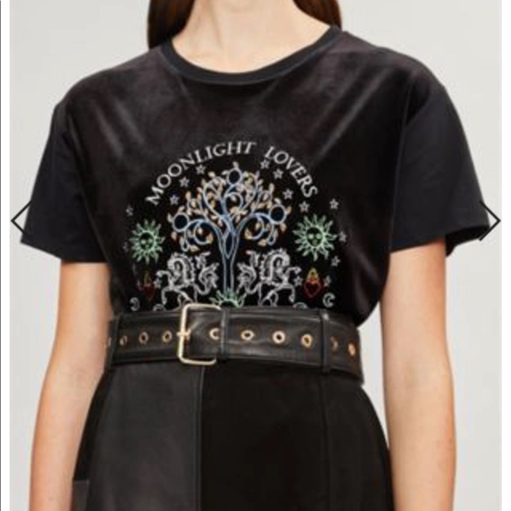 Sandro Paris Moonlight Lovers Embroidered Stretch Velvet Tee, size S